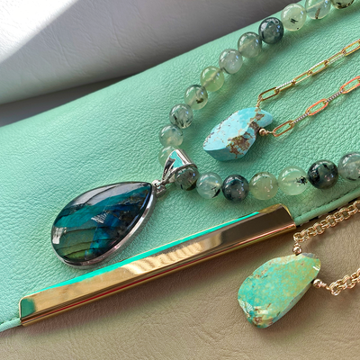 Tourmalated Prehnite Necklace with A Grade Spectrolite Pendant