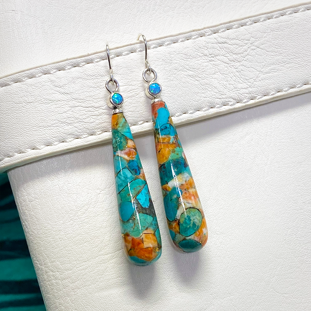 Turquoise & Spiny Oyster Earrings with Blue Opal