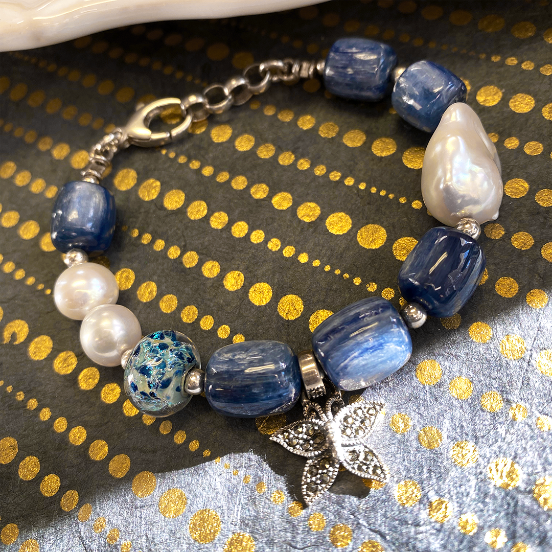 Kyanite & Freshwater Pearl Bracelet with Marcasite Butterfly Charm