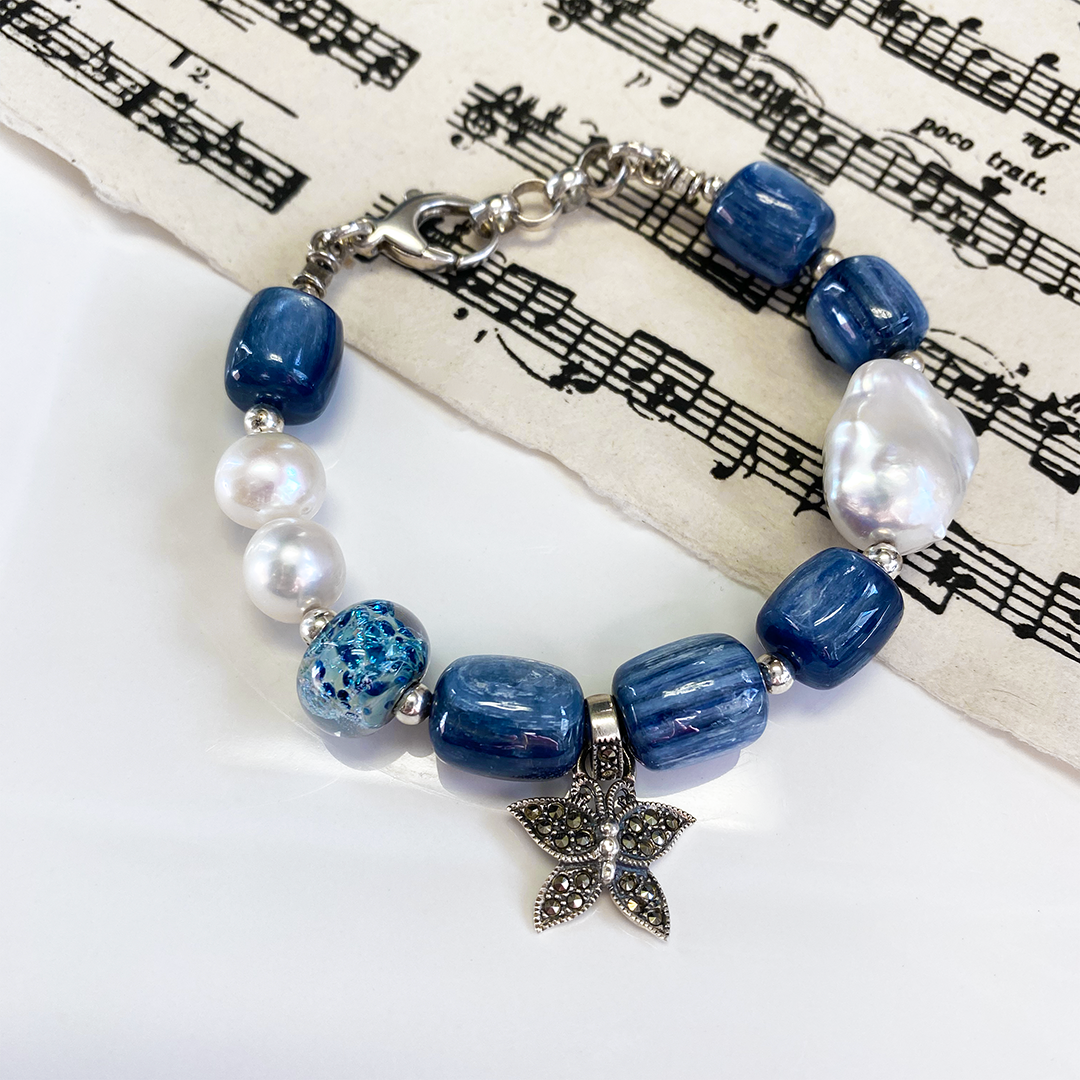 Kyanite & Freshwater Pearl Bracelet with Marcasite Butterfly Charm