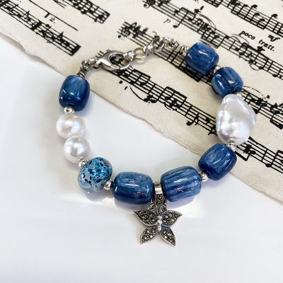 Kyanite & Freshwater Pearl Bracelet with Marcasite Butterfly Charm