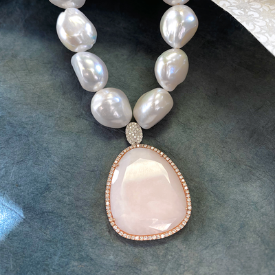 Baroque Pearl Necklace with Pink Opal Pendant