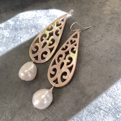 Carved Mother of Pearl Teardrop Earrings with Baroque Freshwater Pearls