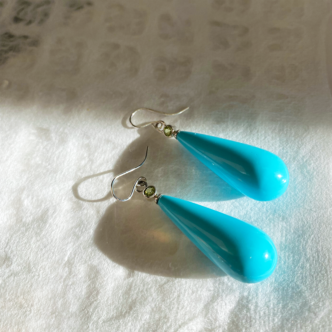 Turquoise Teardrop Earrings with Bezel-Set Peridot