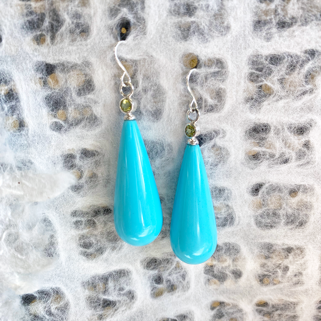 Turquoise Teardrop Earrings with Bezel-Set Peridot