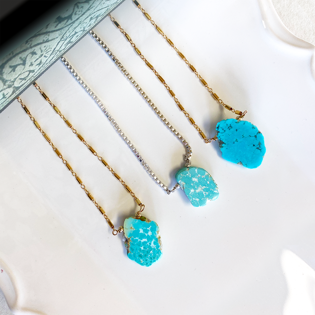 Golden Hills Turquoise Pendant on 14kt Gold-Fill Fancy Station Chain w/ Pearl Accent