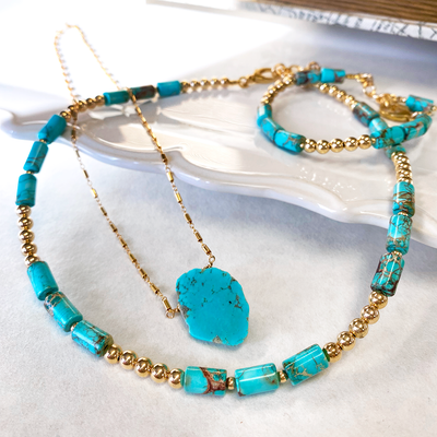 Golden Hills Turquoise Pendant on 14kt Gold-Fill Fancy Station Chain w/ Pearl Accent