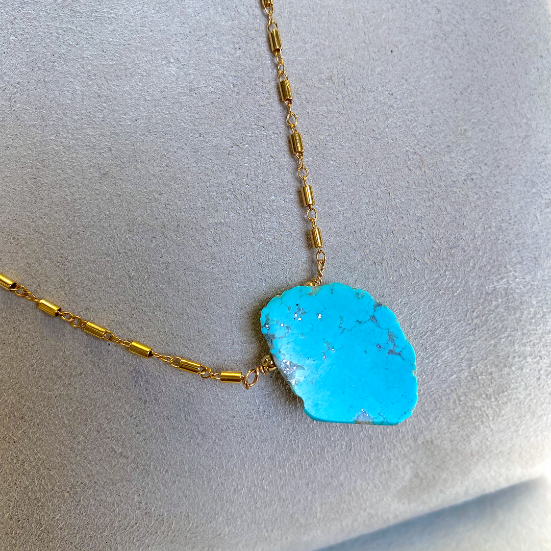 Golden Hills Turquoise Pendant on 14kt Gold-Fill Fancy Station Chain w/ Pearl Accent