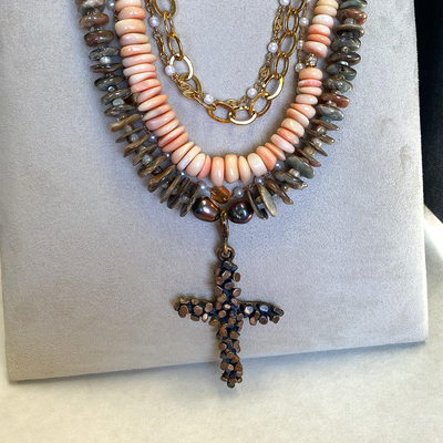 Mother of Pearl Necklace with Bronze Nailhead Cross Pendant