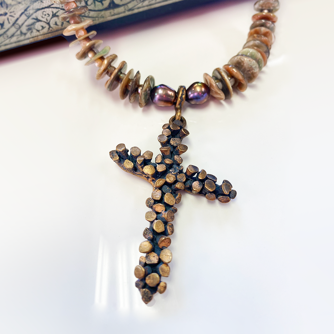 Mother of Pearl Necklace with Bronze Nailhead Cross Pendant