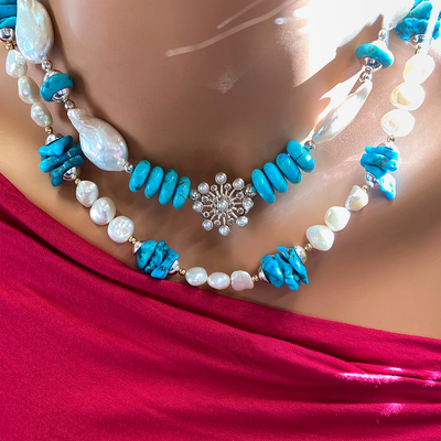 AAA Keishi Pearls & Kingman Turquoise Necklace