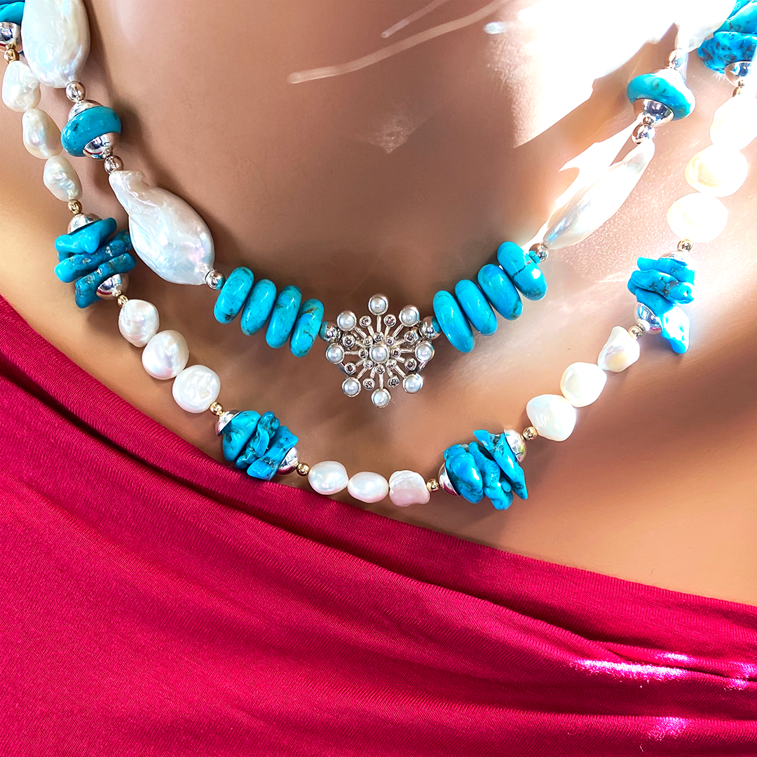 Kingman Turquoise & Baroque Pearl Necklace w/ Starburst Accent
