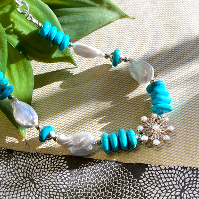 Kingman Turquoise & Baroque Pearl Necklace w/ Starburst Accent