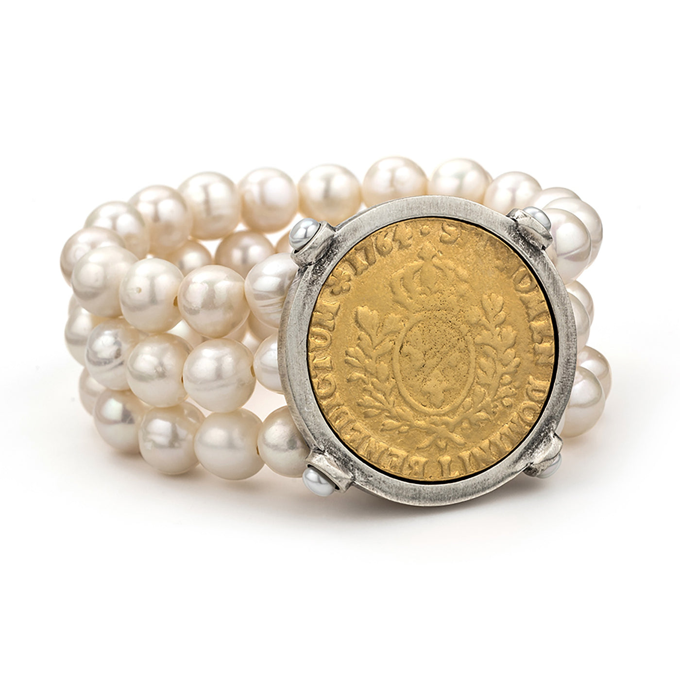 Triple-Strand Freshwater Pearl Bracelet with 24k Gold Plated Medallion