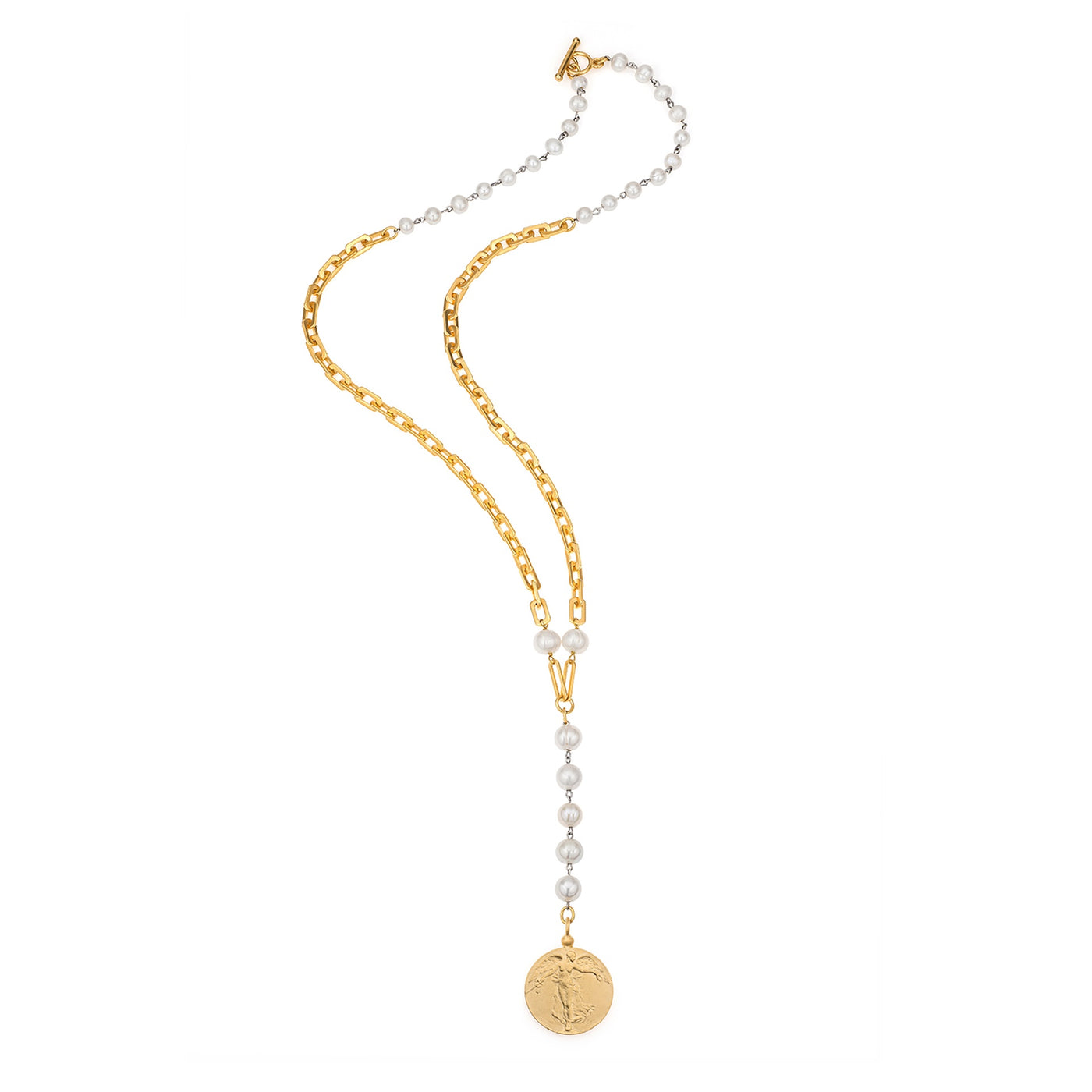 32" Pearl & 24k Gold Plated Chain Necklace with Medallion