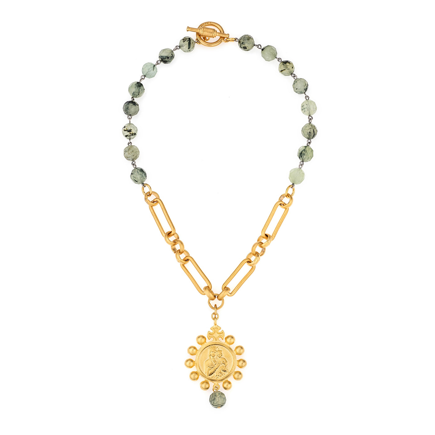 18" 24k Gold Plated Chain & Prehnite Necklace with Gold Medallion