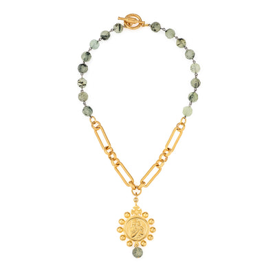 18" 24k Gold Plated Chain & Prehnite Necklace with Gold Medallion