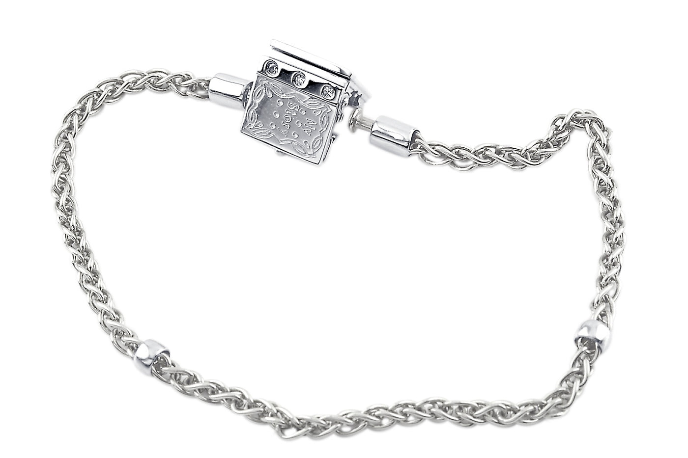 8.25" Bracelet WG - 14K White Gold with Stopper Beads and Storywheel Book Clasp with Diamonds