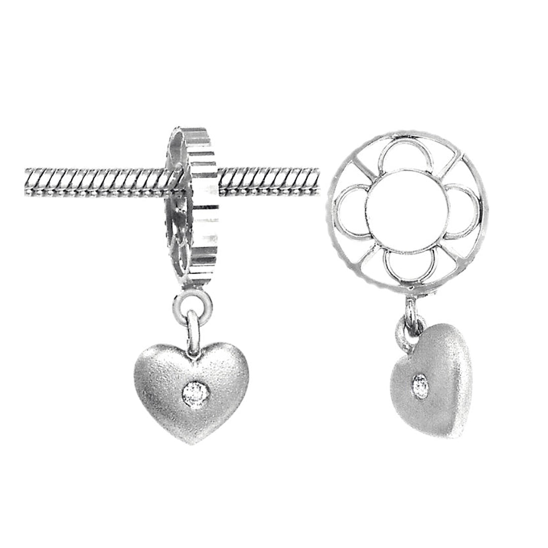 W20SAN-W Plain Heart Sandblasted Dangle w/ Diamond in Center 14K White Gold Wheel