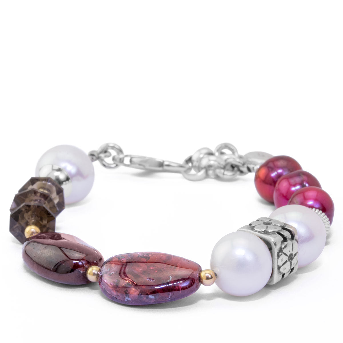 Impressionist Collection Cranberry and White Pearl with Tumbled Garnet and Smoky Qtz Bracelet