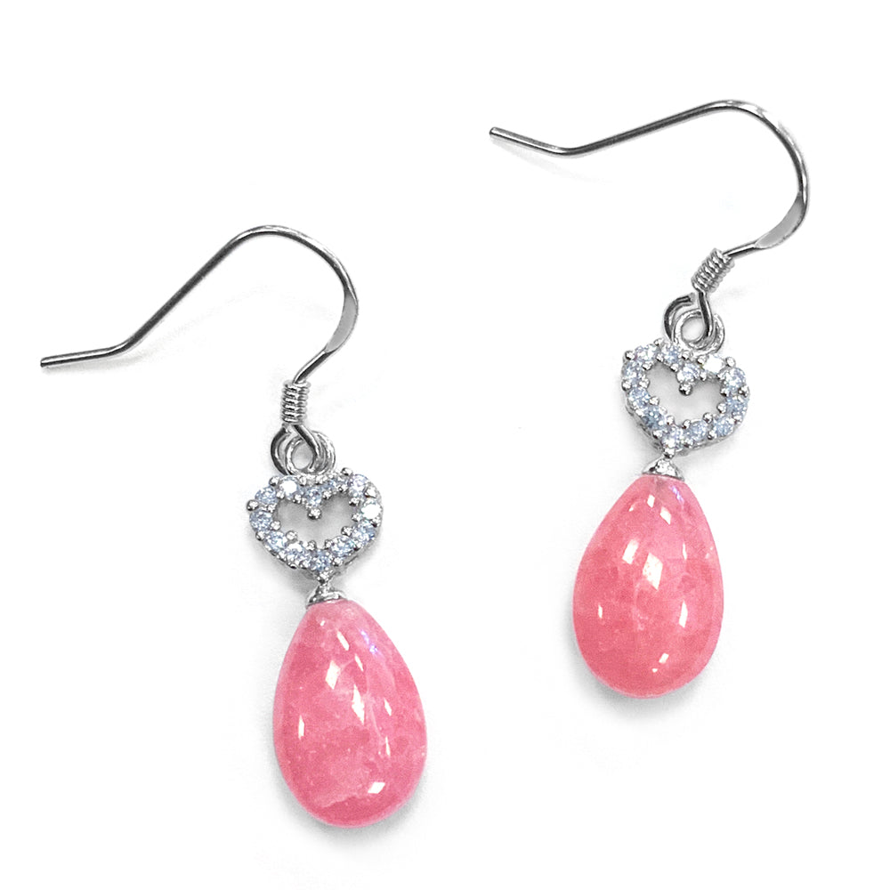 Rhodochrosite Teardrop & CZ Heart Earrings