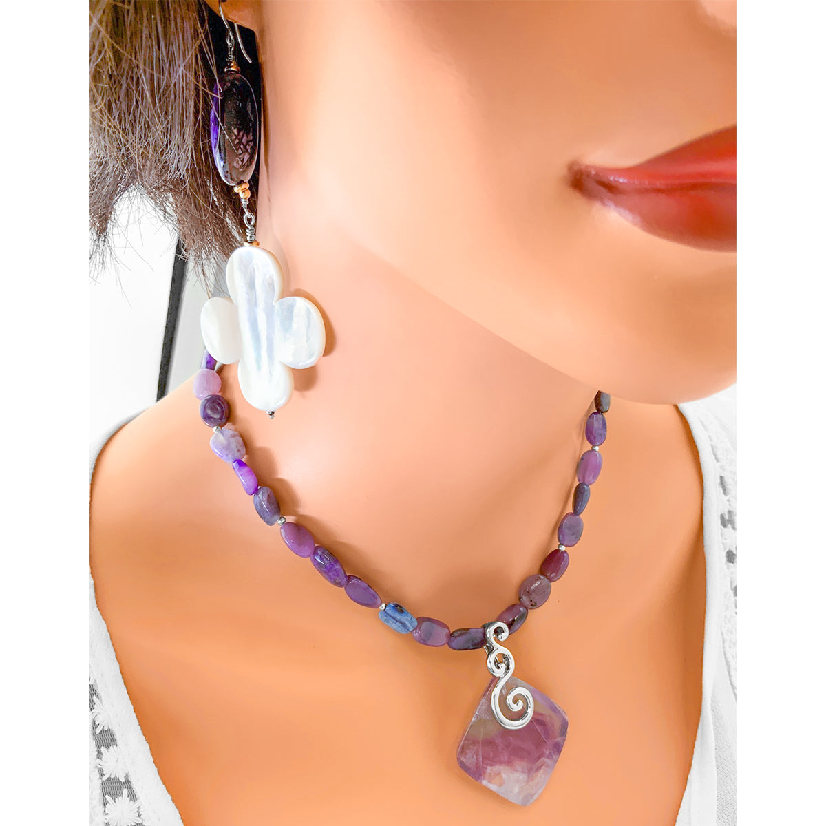 The Goddess Collection Mother of Pearl & Charoite Dangle Earrings