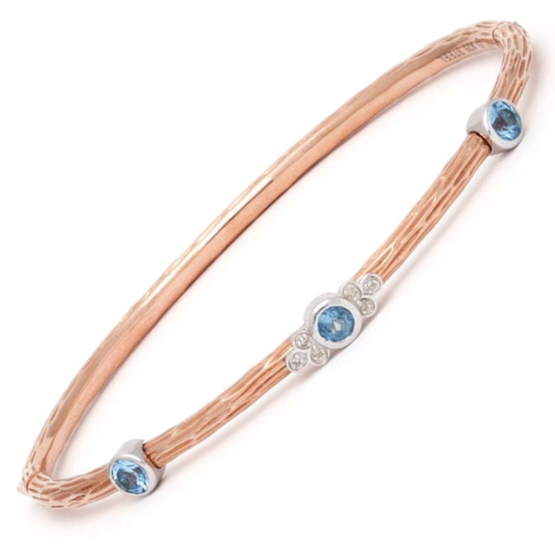 Rose Textured Stainless Steel w/ Diamond & Blue Topaz Bangle