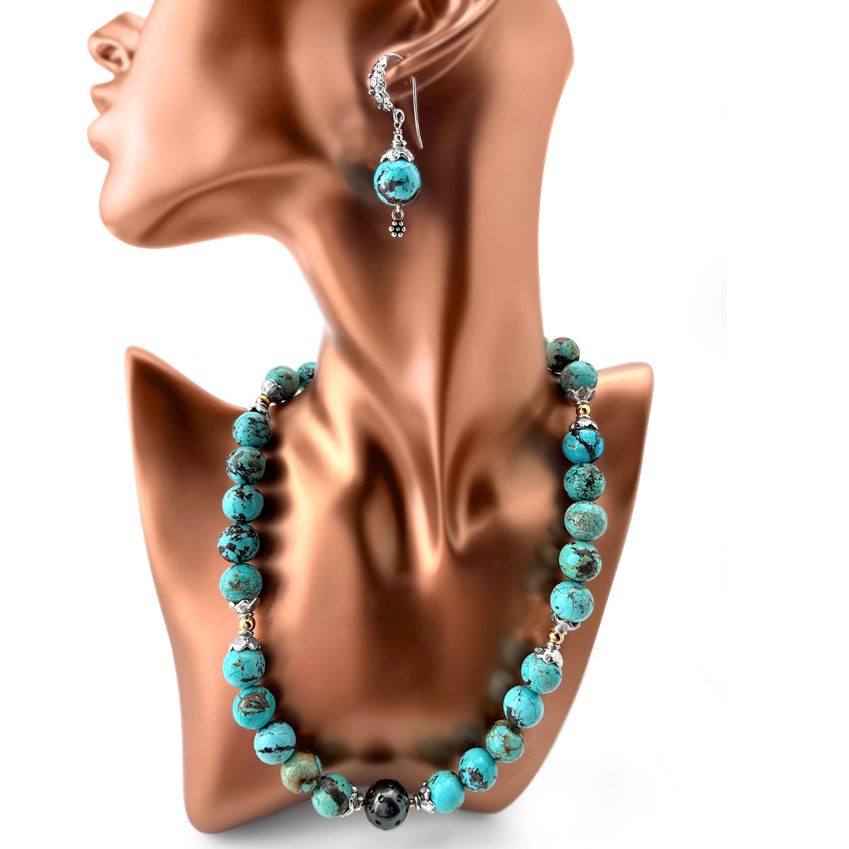 Round Turquoise, Tahitian Pearl & Fine Silver Necklace