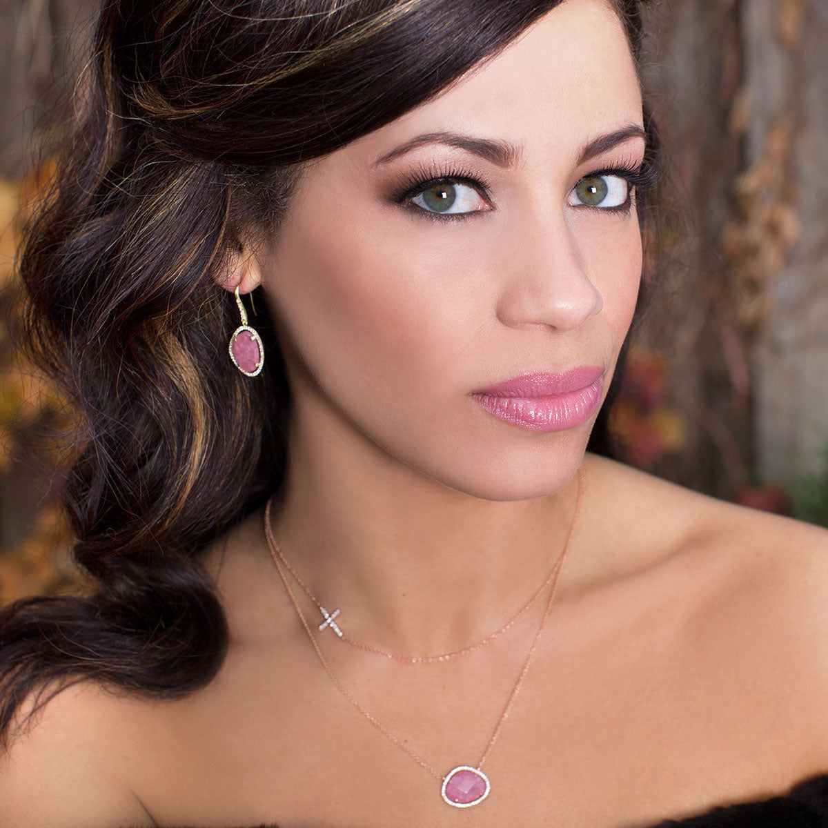 Pink Rhodonite & Diamond Earrings-342297