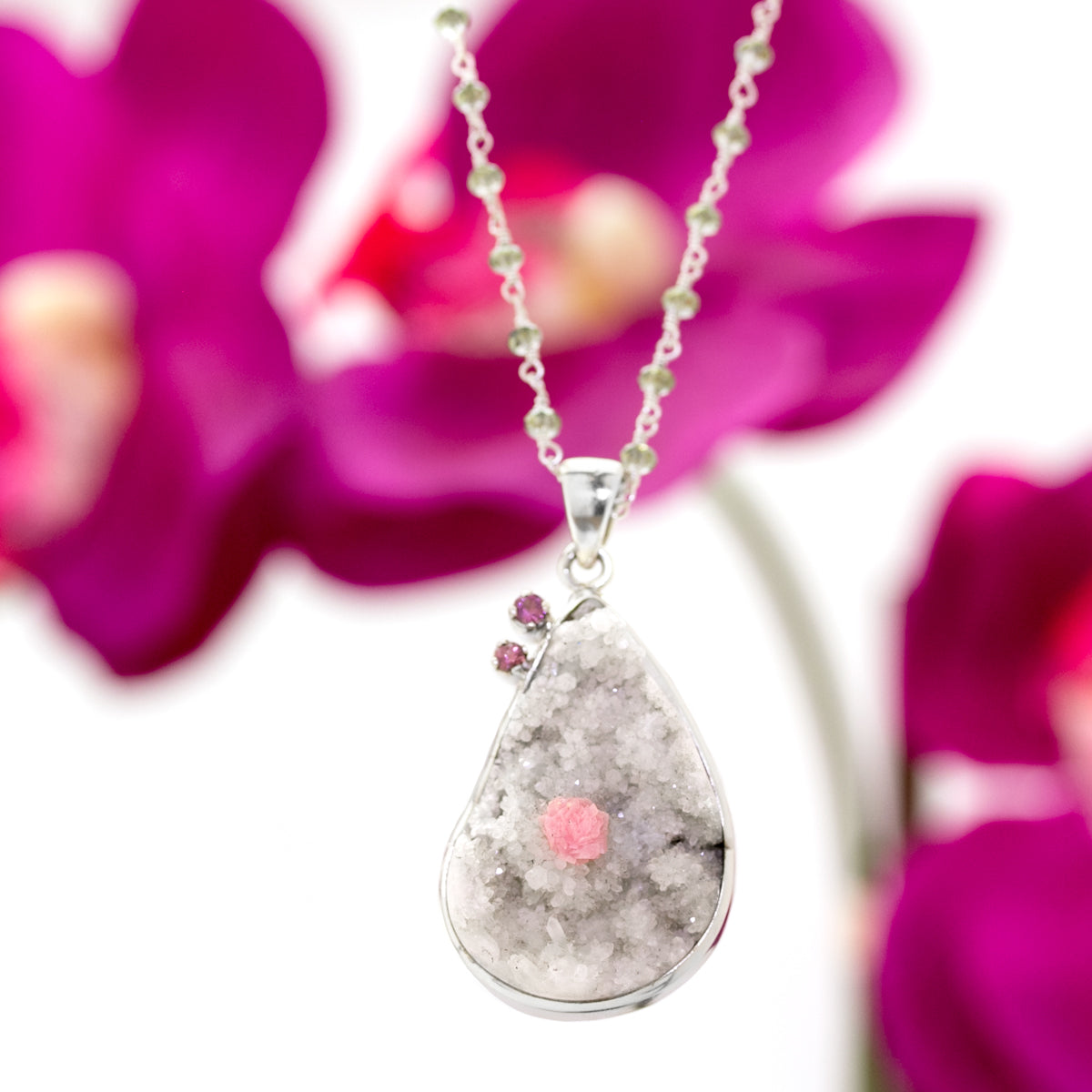 Flowering Agate and Rhodocrosite Druzy  (Drusy) Necklace