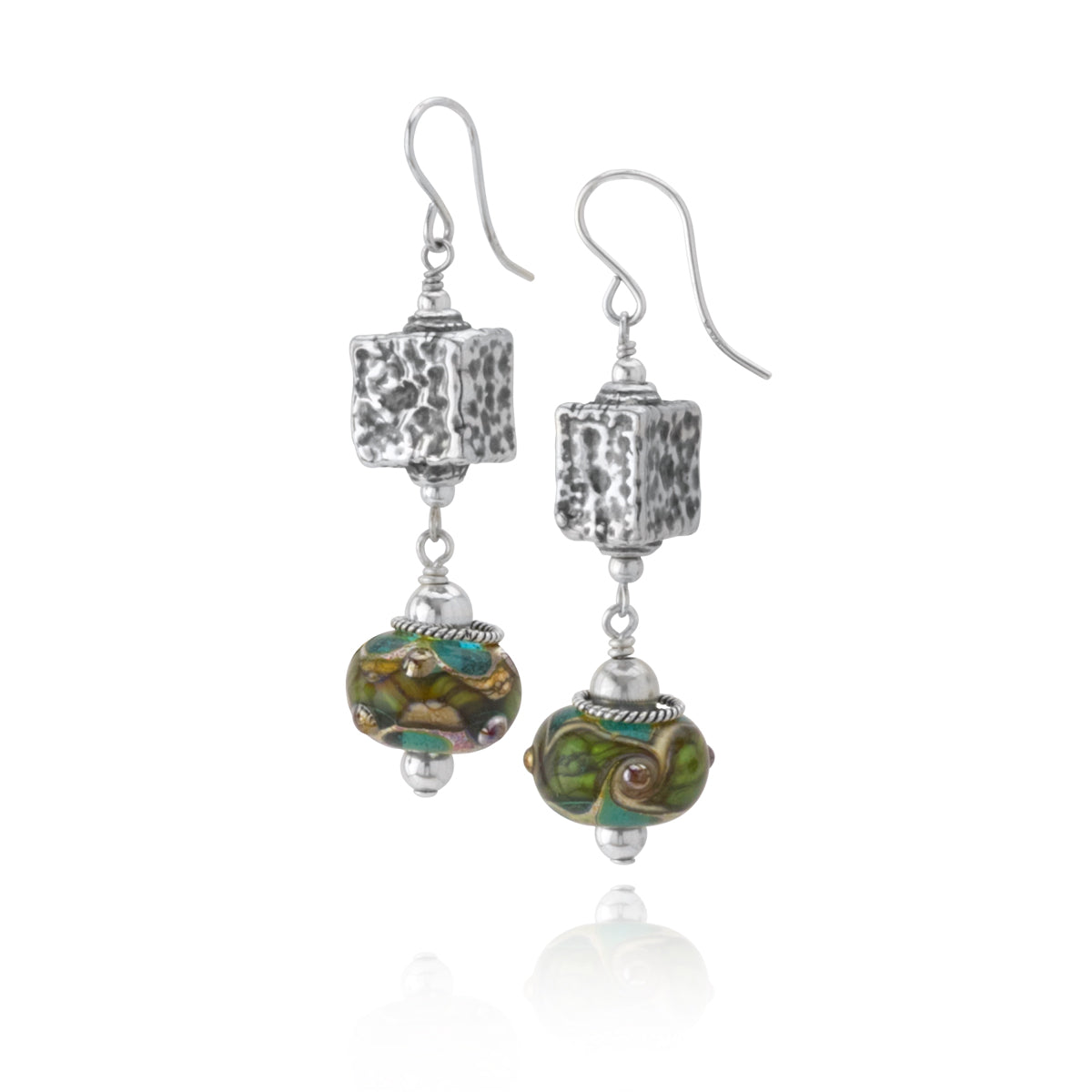 Hammered Sterling Silver and Lampwork Earrings