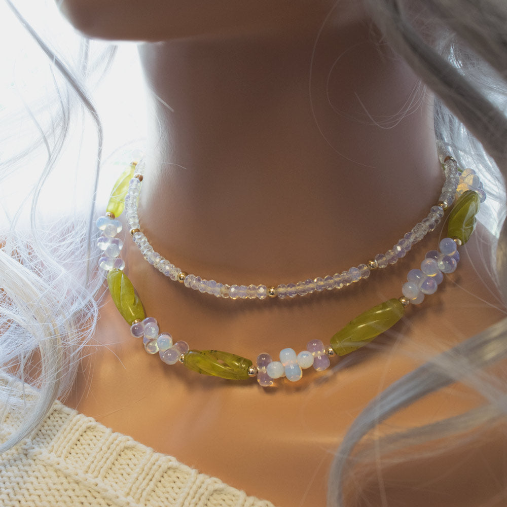 Opalite Briolitte Clusters & Jade Necklace