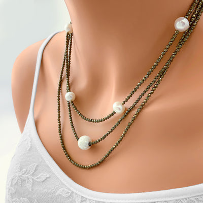 Triple Strand Pyrite & Pearl Necklace