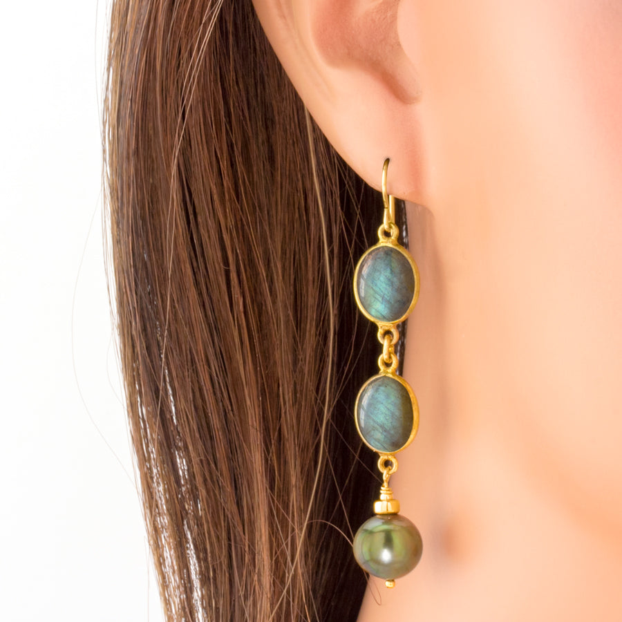 Labradorite & Green Pearl Dangle Earrings