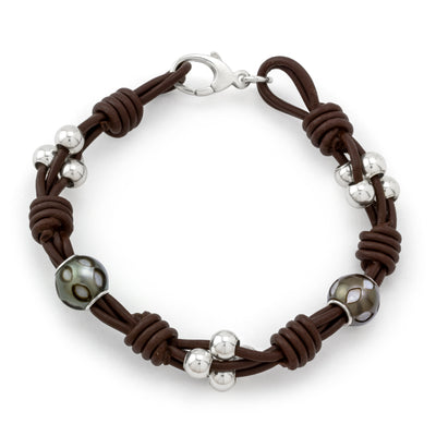 Greek Leather & Carved Pearls Bracelet
