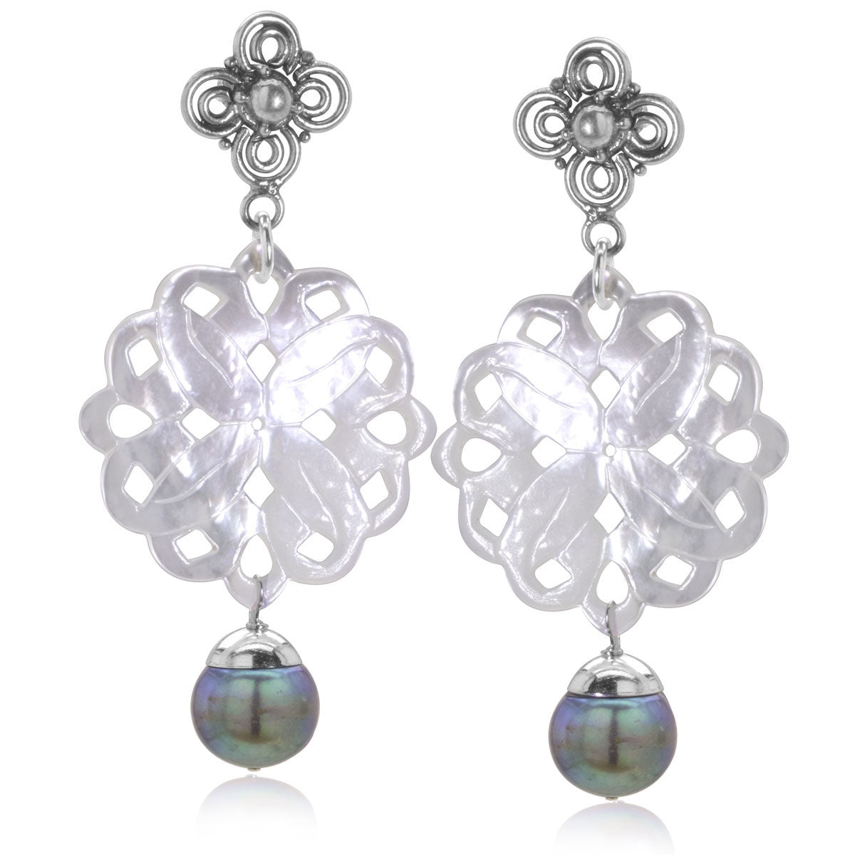 The Goddess Collection Carved Mother of Pearl with Peacock Freshwater Pearls Dangle Earrings