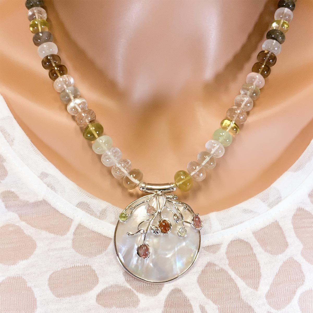 Multi-Quartz, Mother of Pearl & Tourmaline Pendant Necklace
