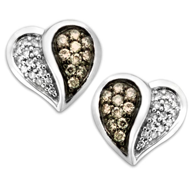 14K White Gold Champagne and White Diamond Heart Earrings-320894