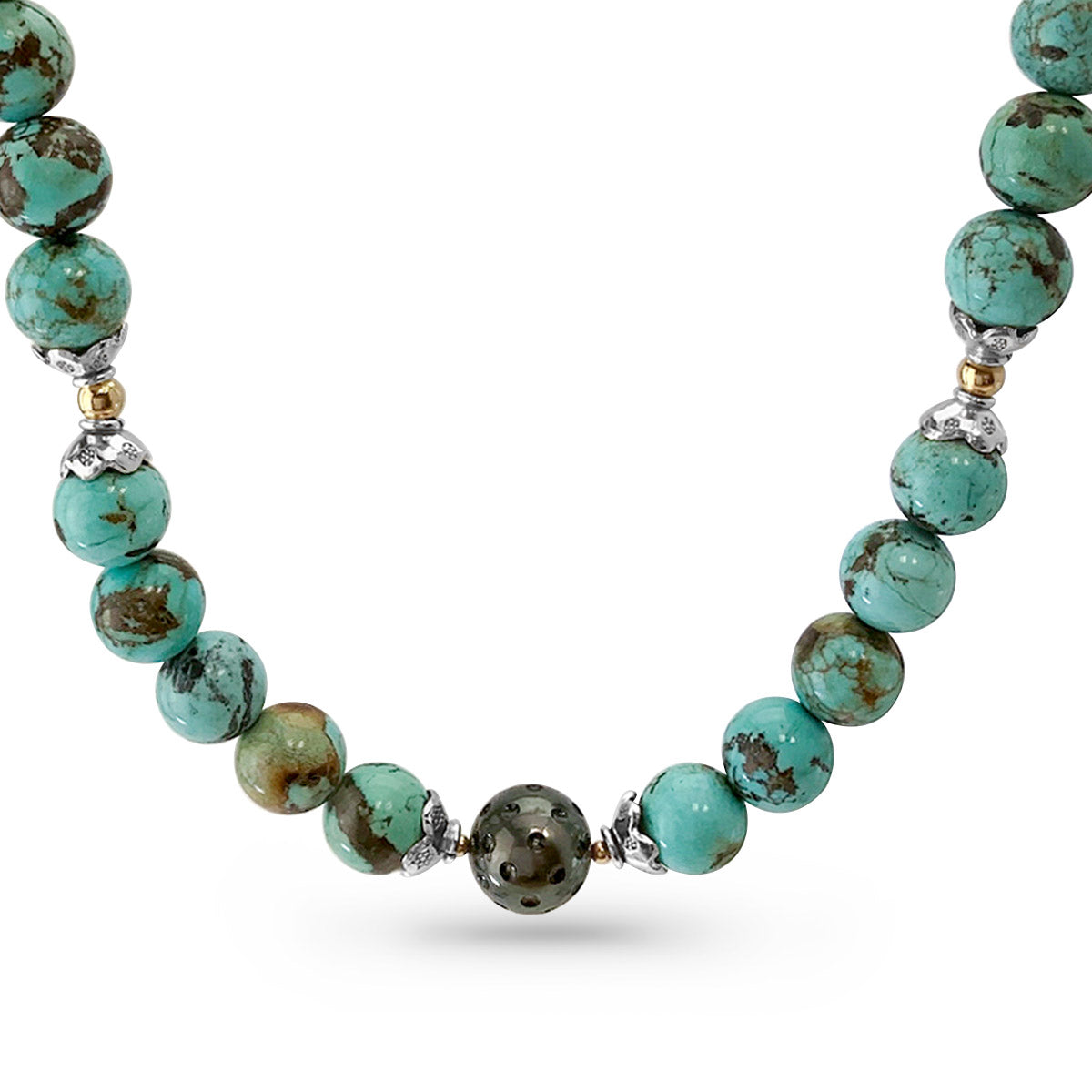 Round Turquoise, Tahitian Pearl & Fine Silver Necklace