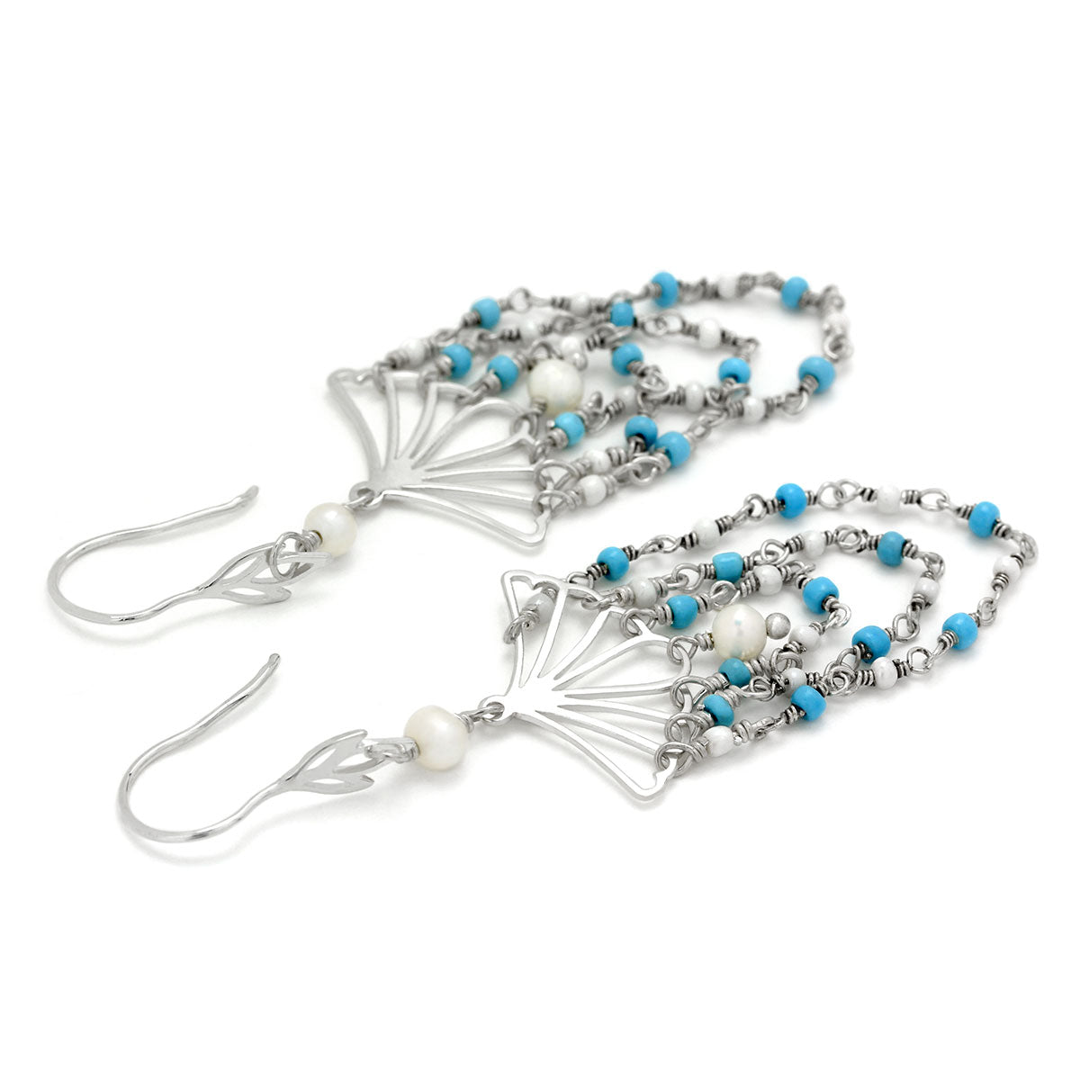 Turquoise & Pearl Fan Earrings-210-641