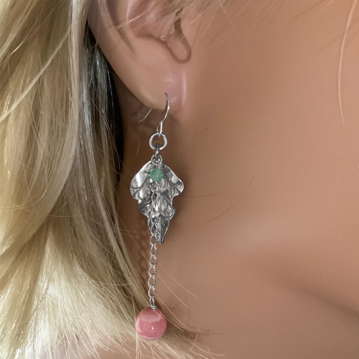 Rhodochrosite/Green Aventurine Silver Leaf Earrings