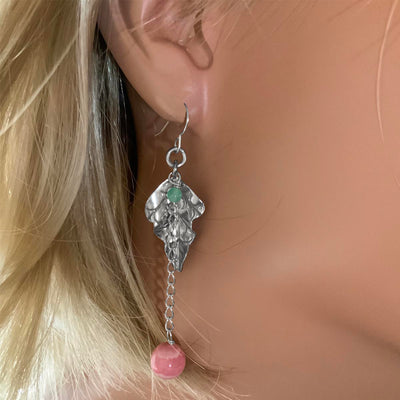 Rhodochrosite/Green Aventurine Silver Leaf Earrings