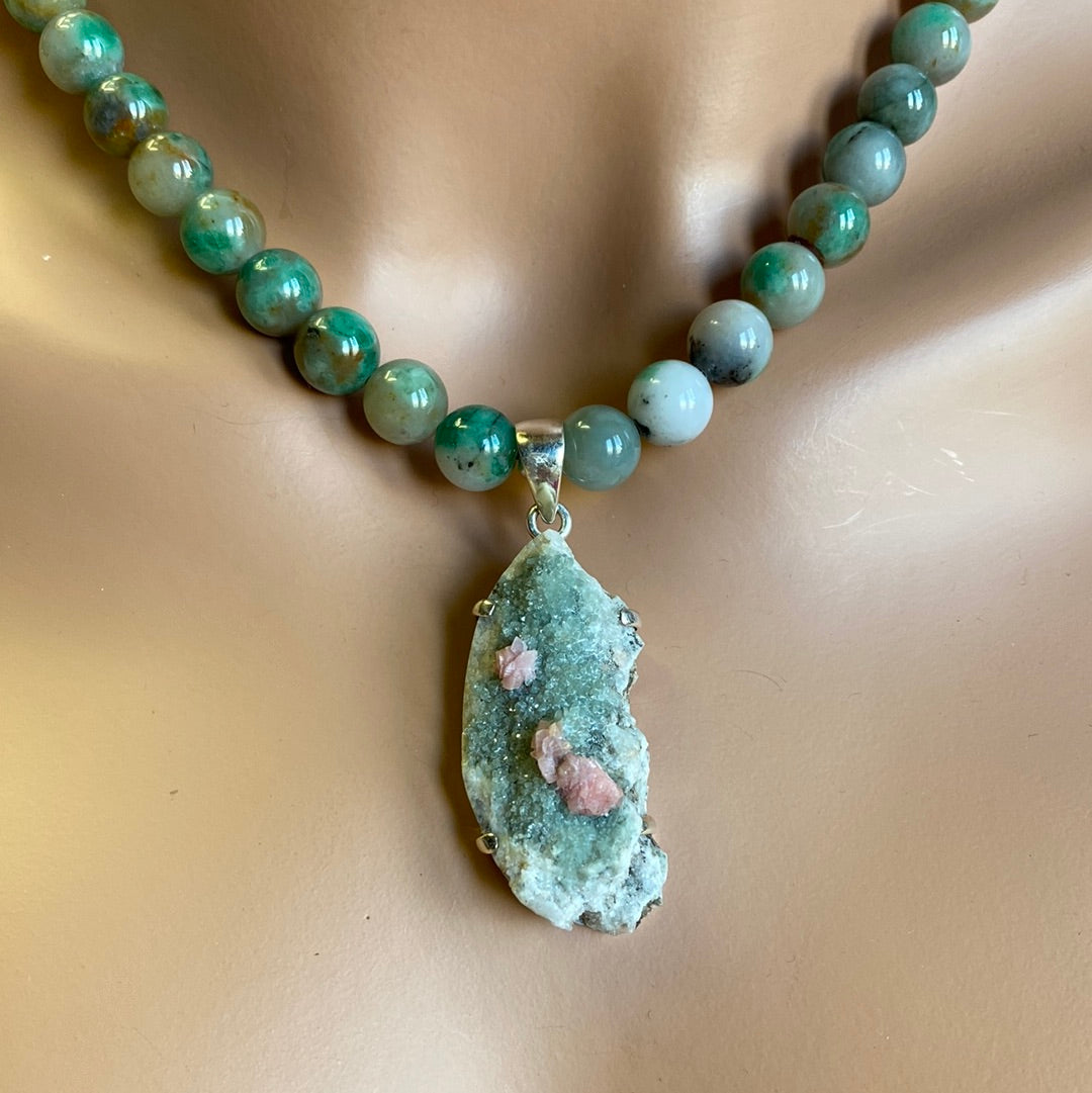 Emerald Necklace with Rhodochrosite Pendant