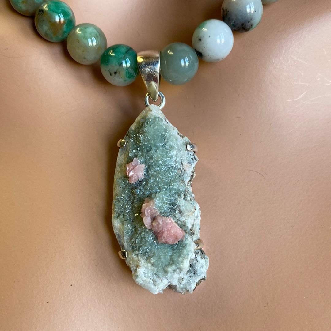 Emerald Necklace with Rhodochrosite Pendant